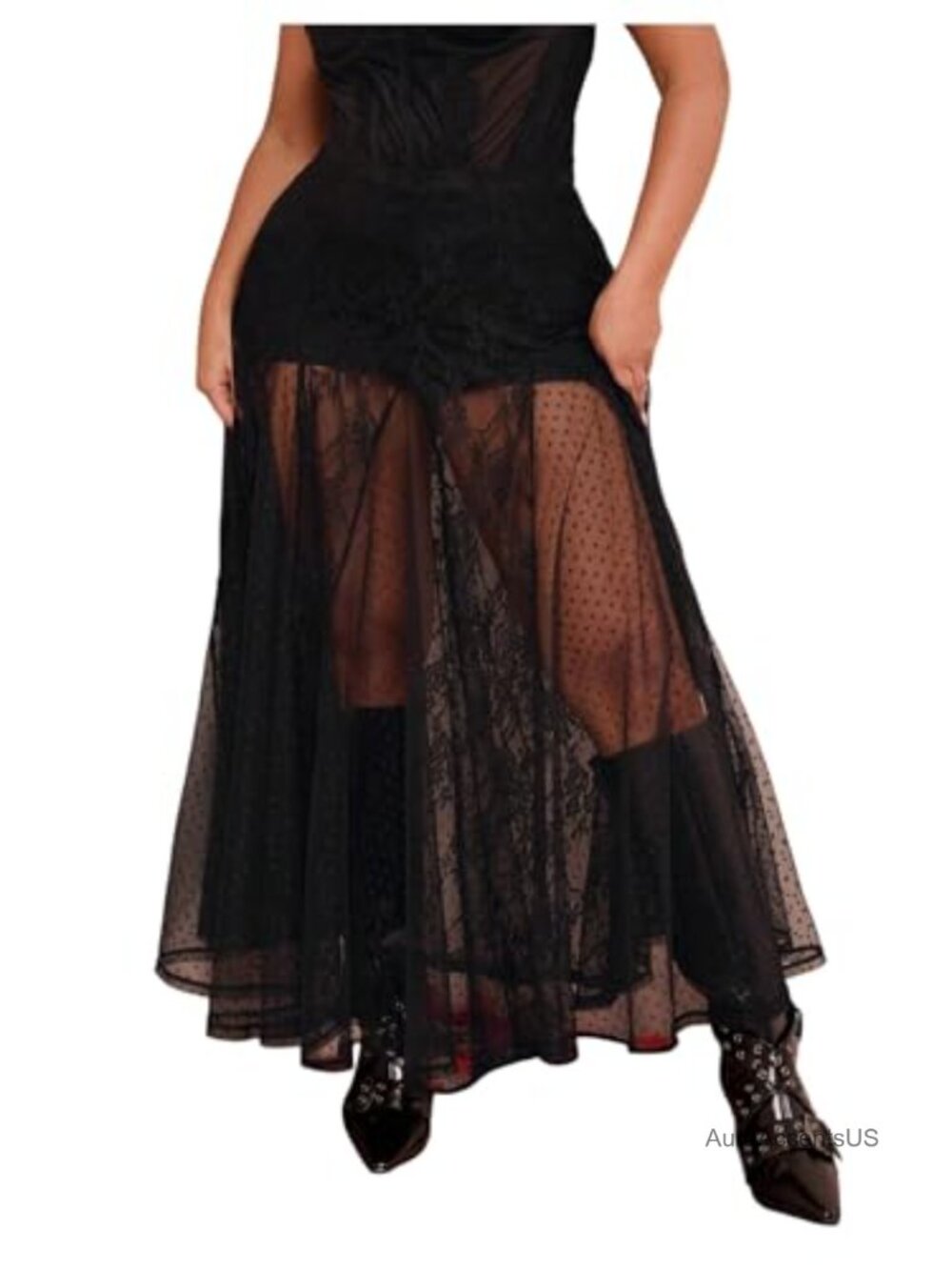 Women's Plus Size Mesh Maxi Skirt High Waisted Flowy Tulle Skirt Sheer